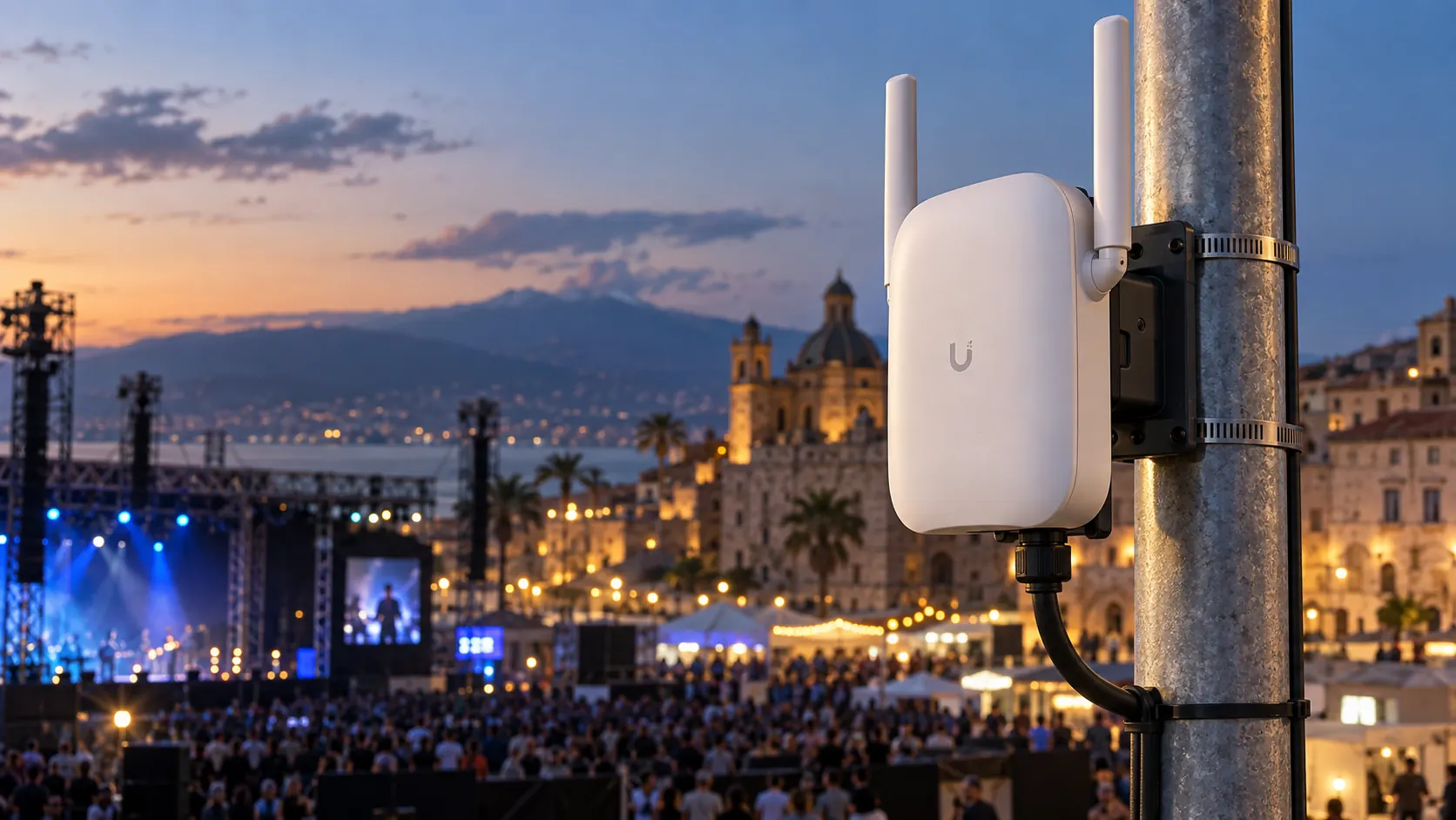 Outdoor access point on a pole with an open-air event behind