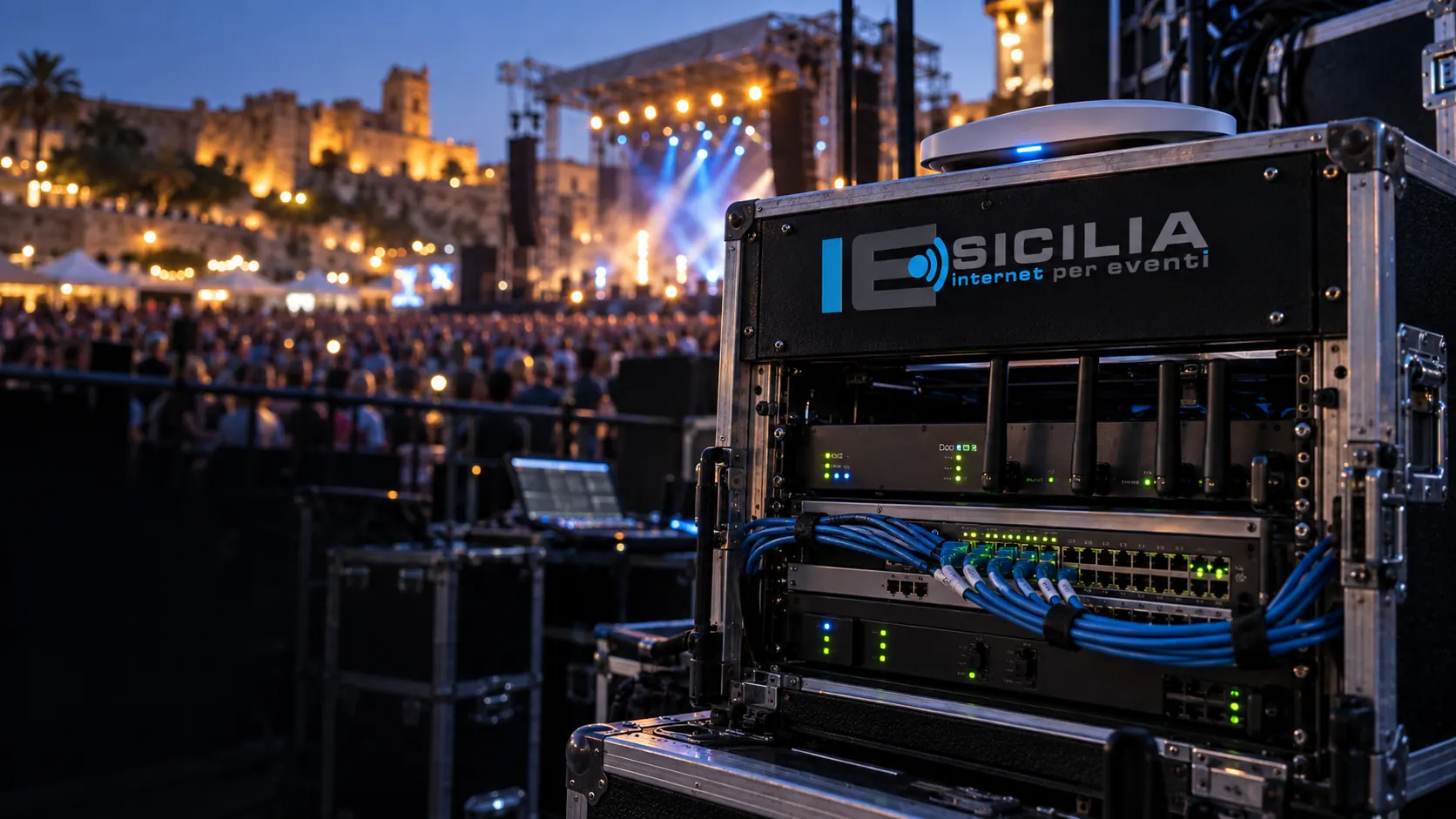 IE Sicilia network rack in a flight case behind a concert stage