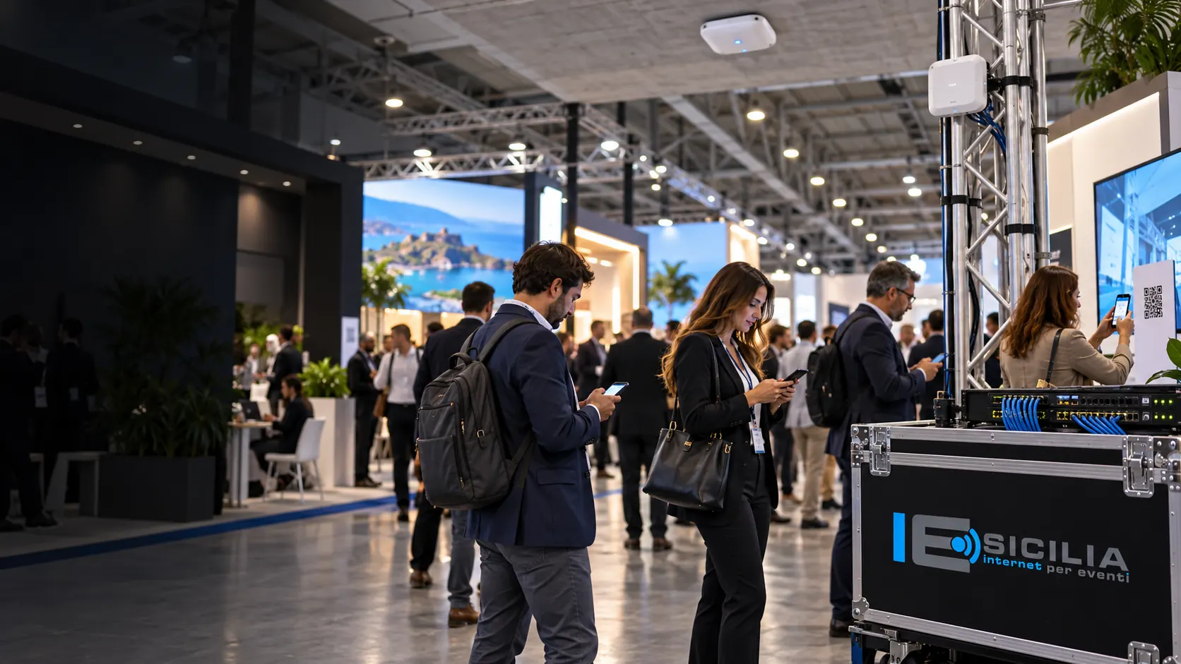 Visitors connected to Wi-Fi in an exhibition hall