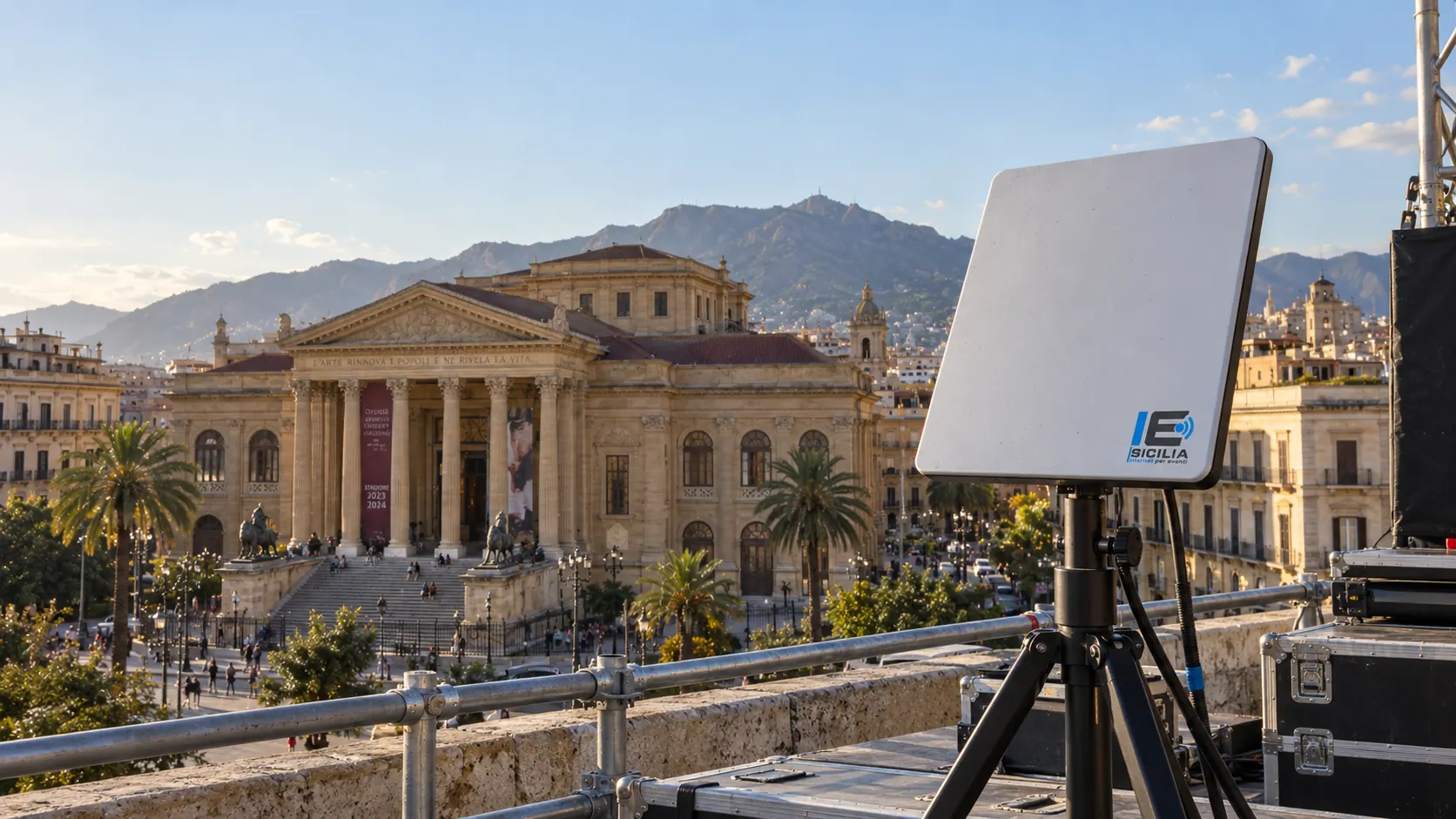 IE Sicilia antenna on a tripod during a site survey in Palermo